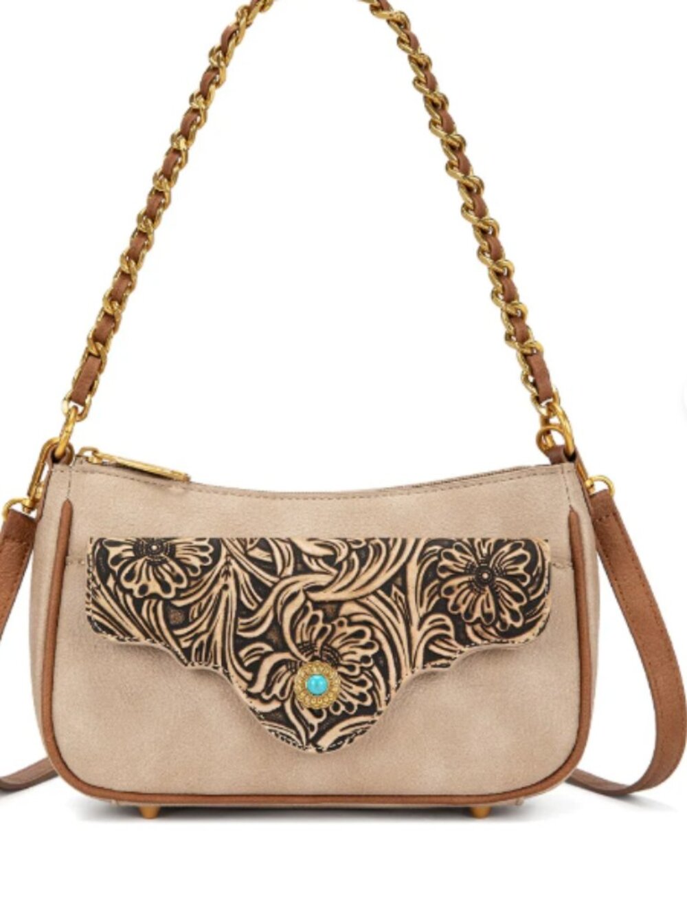 Montana West Tooled Floral Chain Strap Crossbody Shoulder Tan NWT